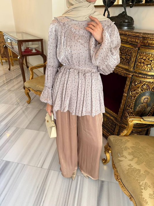 Polka Dot Shimmer Blouse & Wide-Leg Pant Set – Taupe